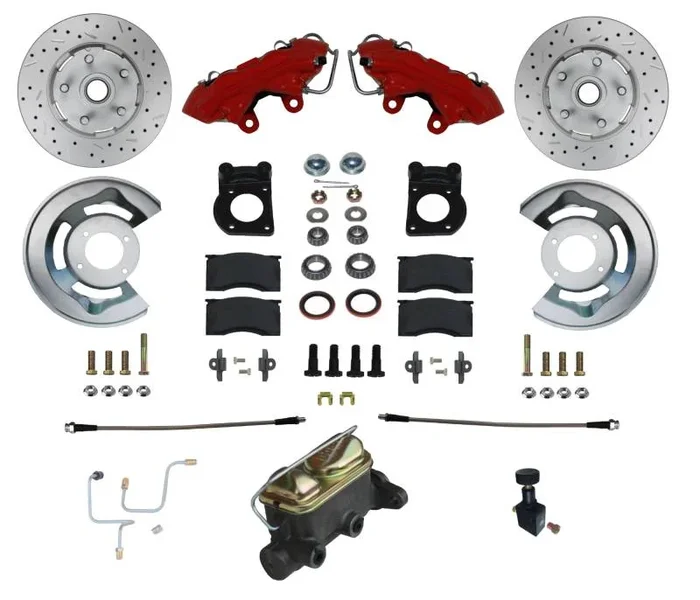 1964-1966 Ford Mustang Manual Front Disc Brake Conversion Kit with MaxGrip XDS Rotors and Red Calipers