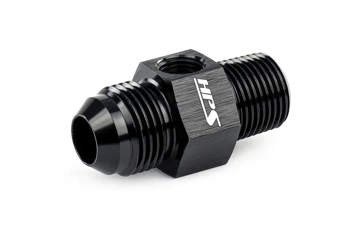 HPS Performance AN Male to NPT Male Adapter with 1/8″ NPT Female Port, Aluminum, Black