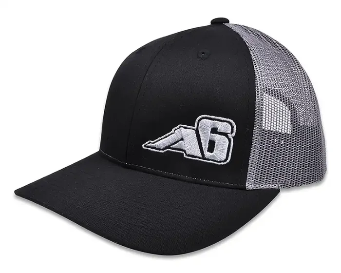 Low Pro Trucker Snap-Back Hat – Black/Grey with A6™ Embroidered Logo