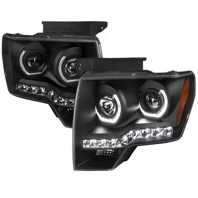 Spec-D Tuning F-150 Dual U-Ring Halo Projector Headlights w/ LED Light Strip – Matte Black Housing, Clear Lens (2009-2014)