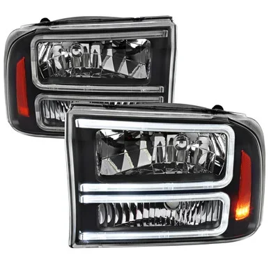 Spec-D Tuning F-250 Euro Factory Style Headlights w/ Dual LED C-Bars – Matte Black Housing, Clear Lens (1999-2004)