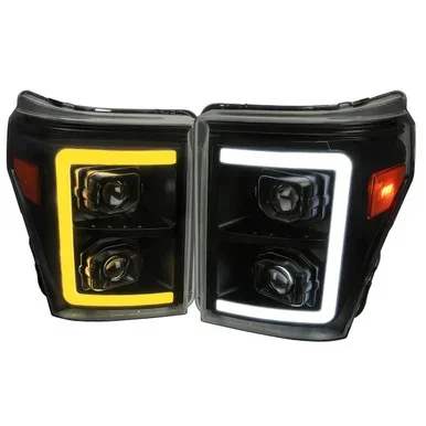 Spec-D Tuning F-250 Projector Headlights w/ Sequential Turn Signal LED C-Bars – Black Housing, Smoked Lens (2011-2016)