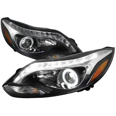 Spec-D Tuning Focus Single Halo Projector Headlights w/ LED Light Strip – Matte Black Housing, Clear Lens (2012-2014)