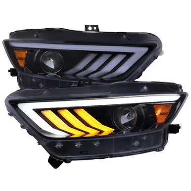 Spec-D Tuning Mustang HID-Type Sequential Projector Headlights w/ LED Bars and Strips – Gloss Black Housing, Smoked Lens (2015-2017)